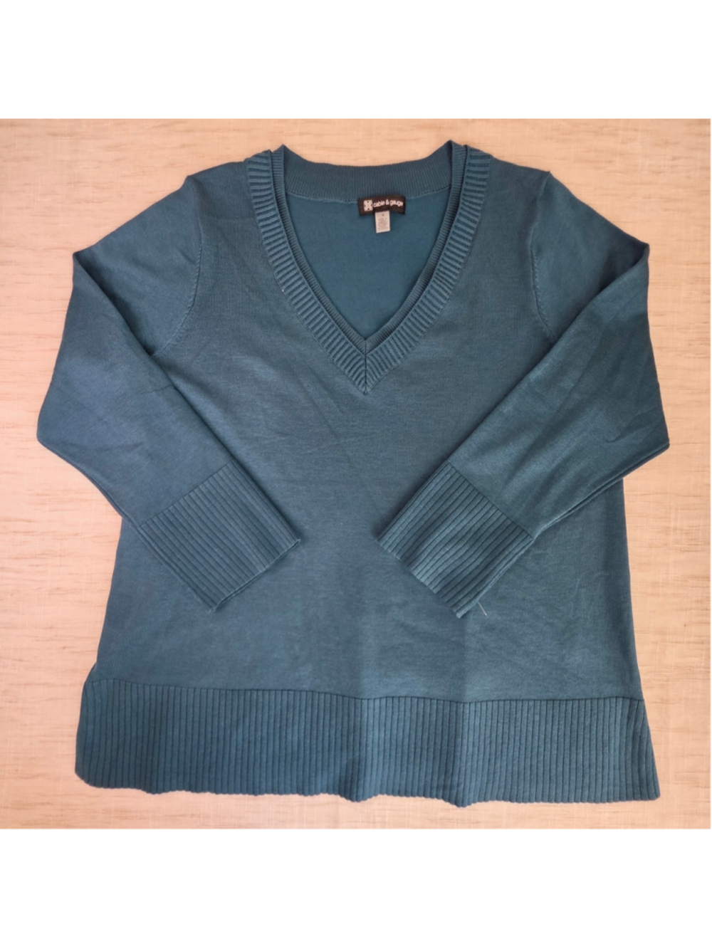 Women's Cable & Gauge V-Neck Sweater Teal Size 1X